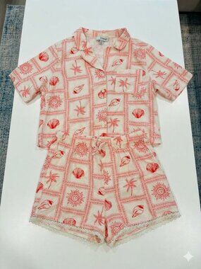Como Sleep Red Cream Coastal Print Pajama Short Set Sizwe Small
